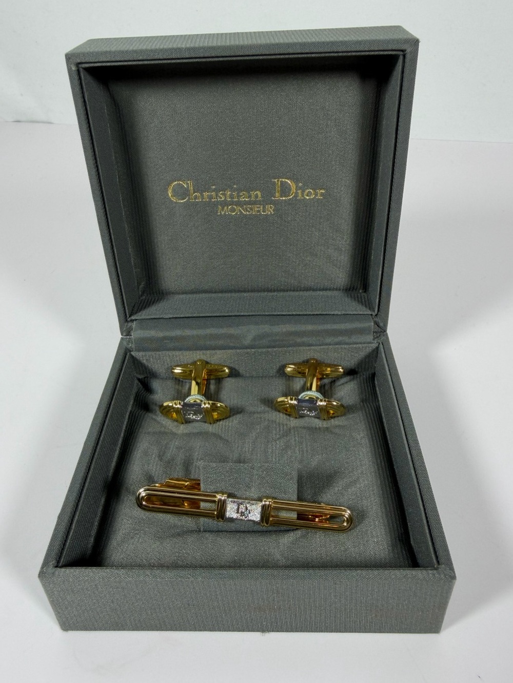 9030: Vintage Christian Dior Monsieur Cufflinks & Tie Bar Set Gold Tone Germany